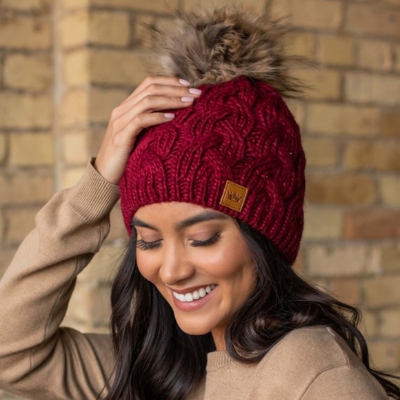 Accessories - SOLD OUT Maroon Cable Knit Beanie Hat w/ Faux Fur Fleece Lined Pompom Women Hat